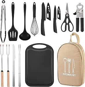 Wesqunie Camping Cookware Cooking Utensils Set - 14Pcs Camping Kitchen Utensils, Portable Outdoor Camping Essentials Accessories, Stainless Steel & Silicone, Camping Gear Equipment for Rv Picnic Gril